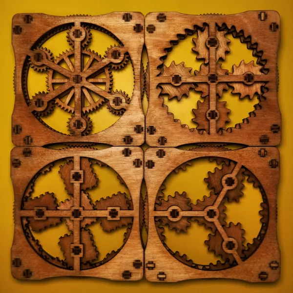 A set of 4 kinetic coasters with visible moving gears, from designer Ross McSweeney. by Wondiu