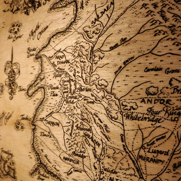 The map from _The Wheel Of Time_ engraved on birch plywood by Wondiu